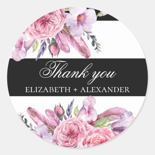 Boho roze bloemen en veren bruiloft dank u ronde sticker (Voorkant)