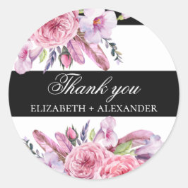 Boho roze bloemen en veren trouw dank je ronde sticker