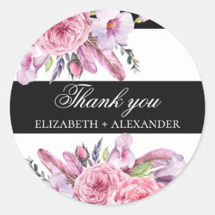 Boho roze bloemen en veren trouw dank je ronde sticker