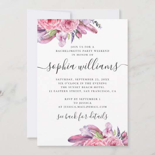 Boho roze bloemen en veren vrijgezellenfeest kaart (Voorkant)