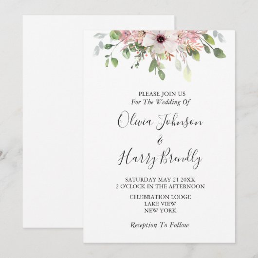 Boho Roze Bloemen Eucalyptus Groen Huwelijk Kaart (Voorkant / Achterkant)