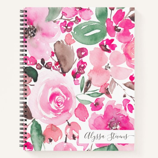 Boho roze bloemen florale waterverf patroon notitieboek (Voorkant)