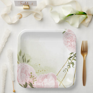 Boho roze bloemen groene bladeren botanische papieren bordje