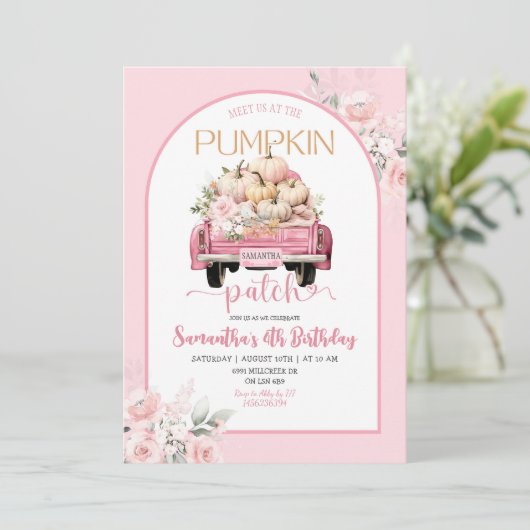 Boho Roze Bloemen Herfst Thema Pompoen Patch Verja Kaart (Staand voorkant)