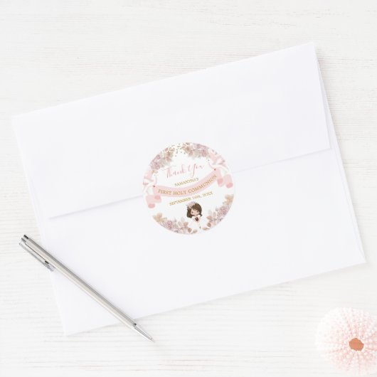 Boho Roze Bloemen Meisje 1e Communie Bedankt Ronde Sticker (Envelop)