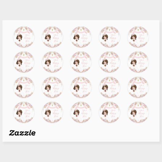 Boho Roze Bloemen Meisje 1e Communie Uw Boodschap Ronde Sticker (Vel)