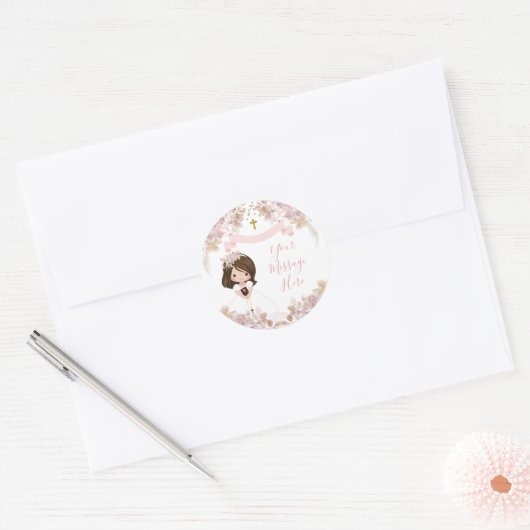 Boho Roze Bloemen Meisje 1e Communie Uw Boodschap Ronde Sticker (Envelop)