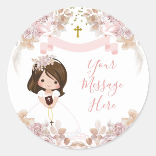 Boho Roze Bloemen Meisje 1e Communie Uw Boodschap Ronde Sticker