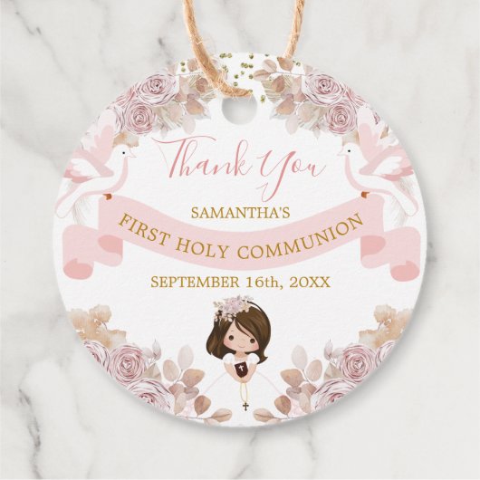 Boho Roze Bloemen Meisje 1e Heilige Communie Dank Bedankjes Labels (Achterkant)