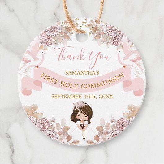 Boho Roze Bloemen Meisje 1e Heilige Communie Dank Bedankjes Labels (Voorkant)