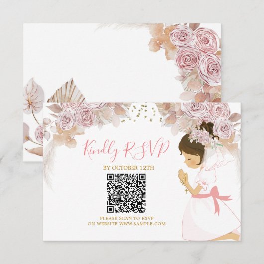 Boho Roze Bloemen Meisje 1e Heilige Communie RSVP- Bedankkaart (Voorkant / Achterkant)