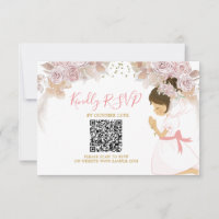 Boho Roze Bloemen Meisje 1e Heilige Communie RSVP-