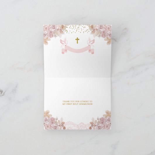Boho Roze Bloemen Meisje Eerste Heilige Communie G Bedankkaart (Binnen)