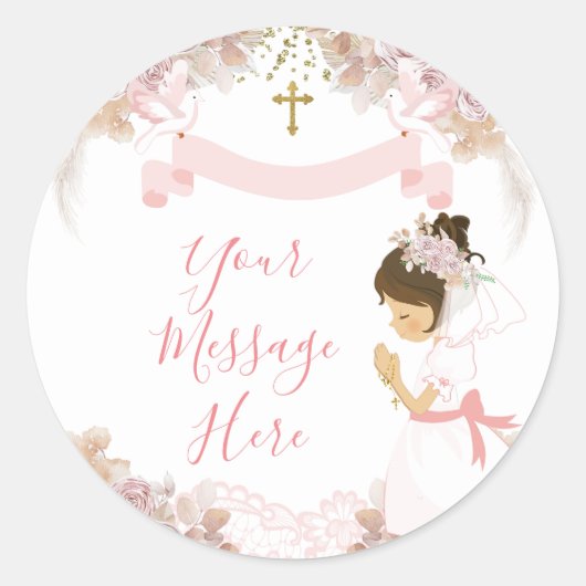 Boho Roze Bloemen Meisje EERSTE Heilige Communie K Ronde Sticker (Voorkant)