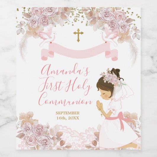 Boho Roze Bloemen Meisje EERSTE Heilige Communie K Wijn Etiket (Enkel label)