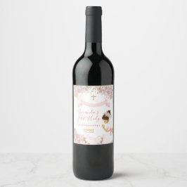 Boho Roze Bloemen Meisje EERSTE Heilige Communie K Wijn Etiket