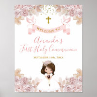 Boho Roze Bloemen Meisje Eerste Heilige Communie W