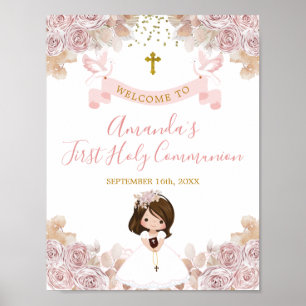 Boho Roze Bloemen Meisje Eerste Heilige Communie W Poster