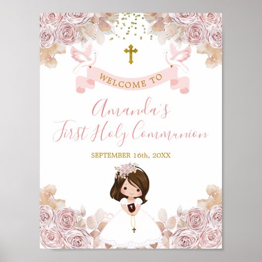 Boho Roze Bloemen Meisje Eerste Heilige Communie W Poster (Voorkant)