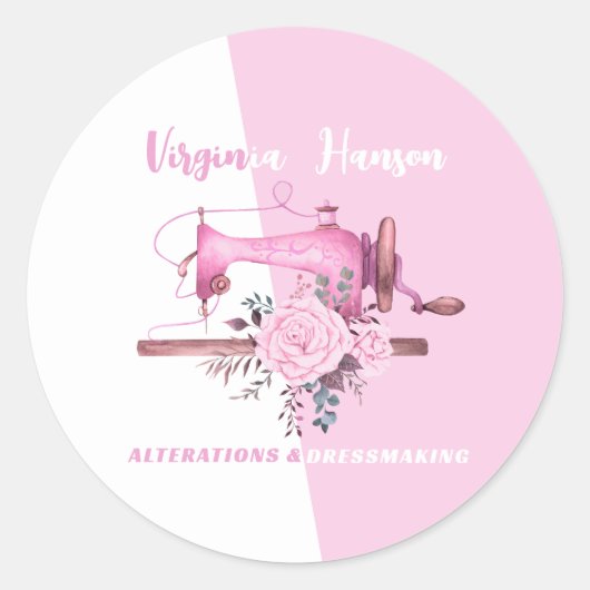 Boho Roze Bloemen Naaister Naaimachine Tailor Ronde Sticker (Voorkant)