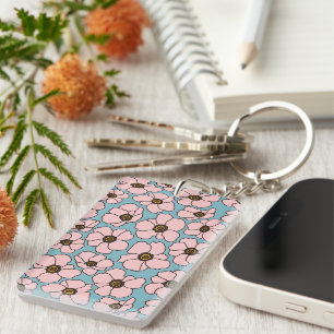 Boho Roze Bloemen Op Blauwe Sleutelhanger