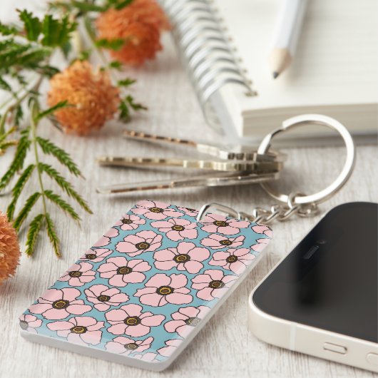 Boho Roze Bloemen Op Blauwe Sleutelhanger (Voorkant Rechts)