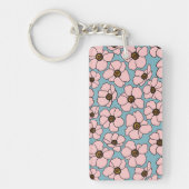 Boho Roze Bloemen Op Blauwe Sleutelhanger (Voorkant)