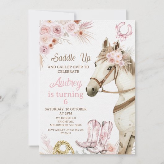 Boho Roze Bloemen Paard Zadelen Up Verjaardag Kaart (Voorkant)