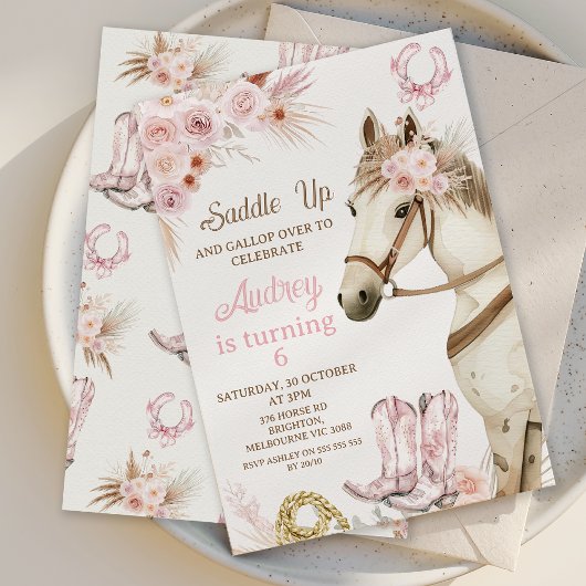 Boho Roze Bloemen Paard Zadelen Up Verjaardag Kaart
