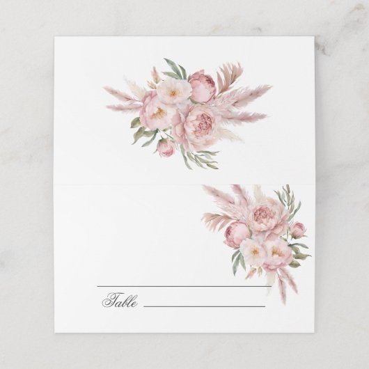 Boho roze bloemen pampas gras bruiloft plaats kaar plaatskaartje (Buitenkant ongevouwen)