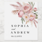 Boho roze bloemen pampas gras bruiloft wijn label etiket (Enkel label)