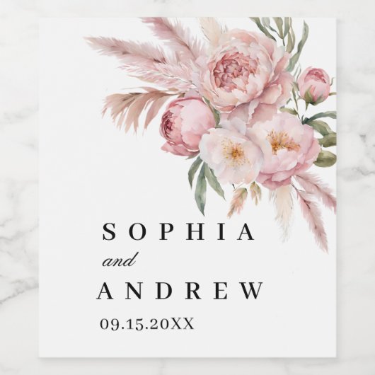 Boho roze bloemen pampas gras bruiloft wijn label wijn etiket (Enkel label)