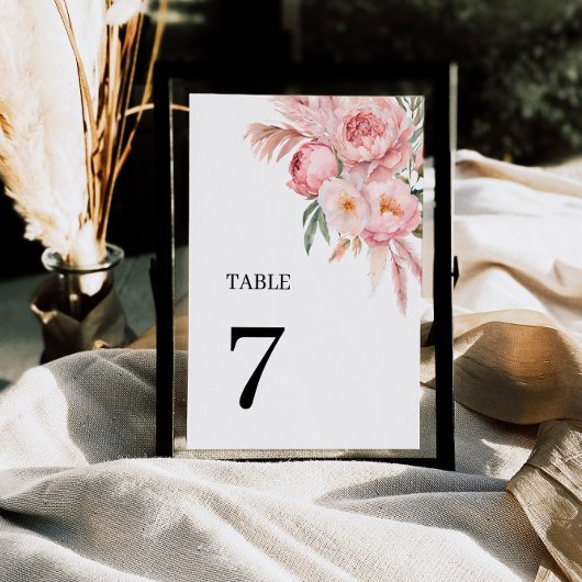 Boho roze bloemen pampas gras tafel nummers 7 kaart
