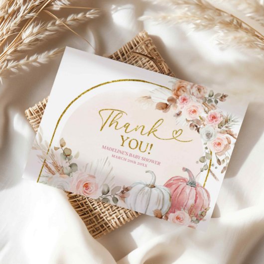 Boho Roze Bloemen Pompoen Dank u kaart