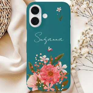 Boho Roze Bloemen Script Personaliseer Naam iPhone 16 Hoesje
