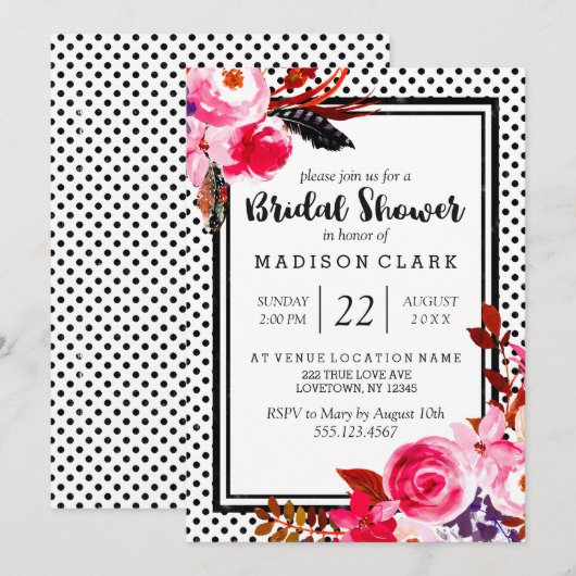 Boho roze Bloemen & Stippen bruidsdouche Uitnodigi Kaart (Voorkant / Achterkant)