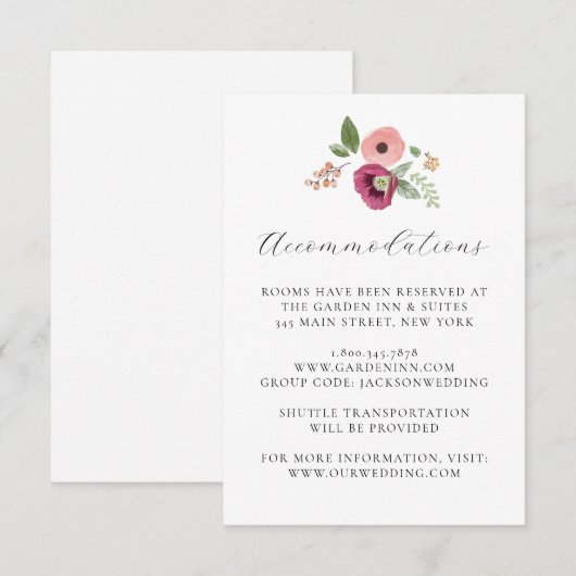 Boho  Roze Bloemen Trouwdetails Kaart (Voorkant / Achterkant)