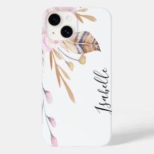 Boho roze bloemen veren witte naam Case-Mate iPhone 14 hoesje