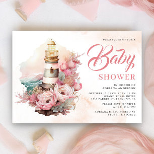 Boho Roze Bloemen Vuurtoren Nautisch Baby shower Kaart