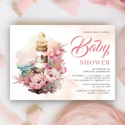 Boho Roze Bloemen Vuurtoren Nautisch Baby shower Kaart