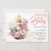 Boho Roze Bloemen Vuurtoren Nautisch Baby shower Kaart (Voorkant)