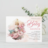 Boho Roze Bloemen Vuurtoren Nautisch Baby shower Kaart (Staand voorkant)