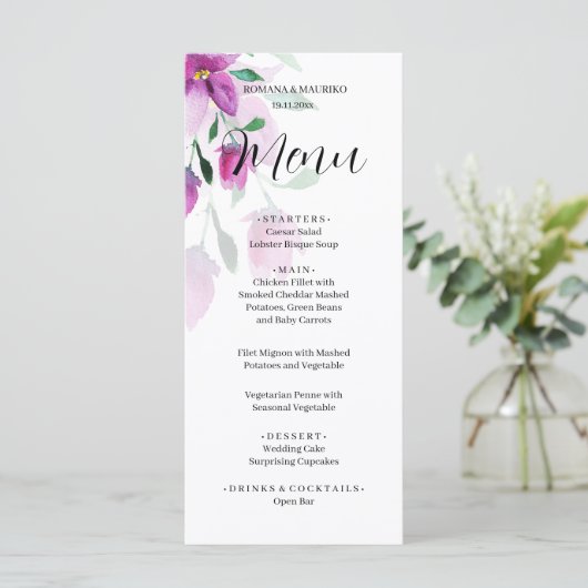 Boho Roze Bloemen Waterverf Handgeschilderd Menu (Staand voorkant)