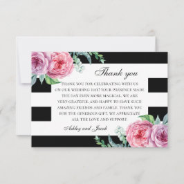 Boho roze bloemen. Zwart en wit bloemmotief bruilo Bedankkaart