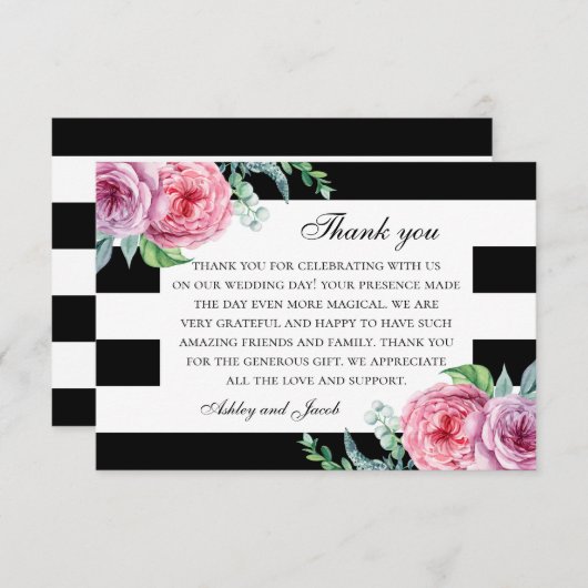 Boho roze bloemen. Zwart-wit bloemenbruiloft Bedankkaart (Voorkant / Achterkant)