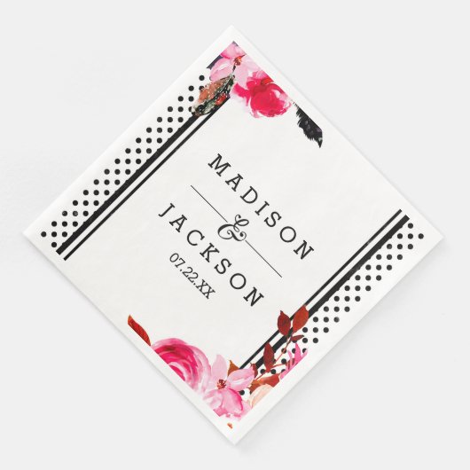 Boho Roze Bloemen & Zwarte Dot Bruiloft Monogram Servet (Hoek)