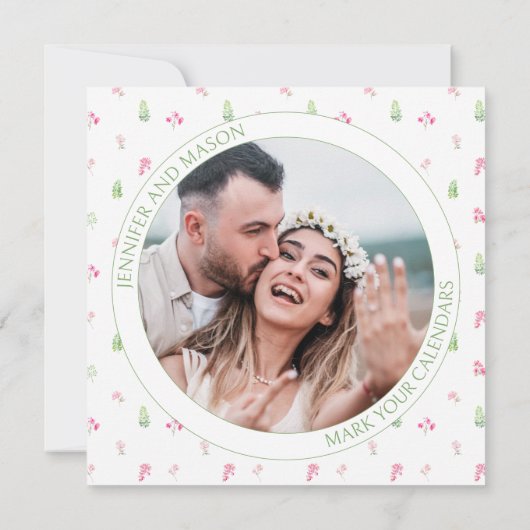 Boho roze bloemenbewaring De Datum foto uitnodigin (Achterkant)