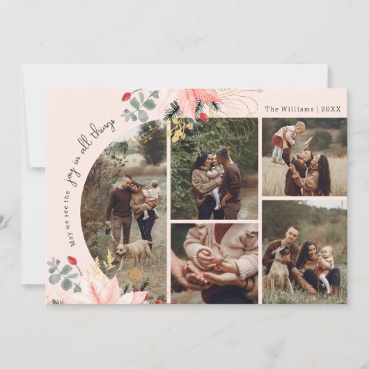 Boho roze bloemenboog vreugde in alle dingen vijf feestdagenkaart (Voorkant)