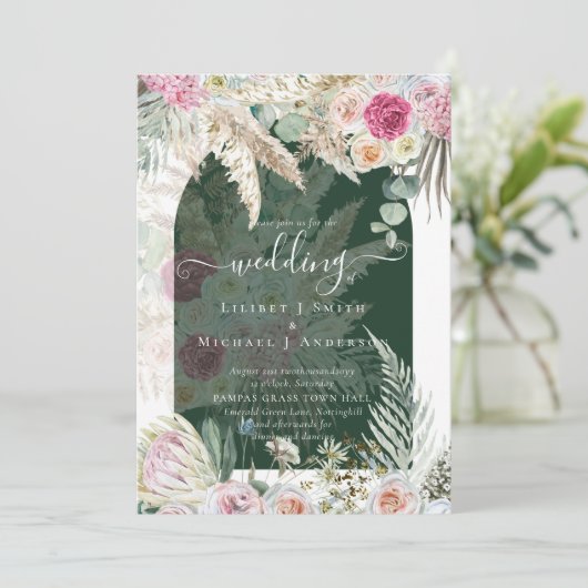 Boho Roze Bloemengras Trouwen Kaart (Staand voorkant)