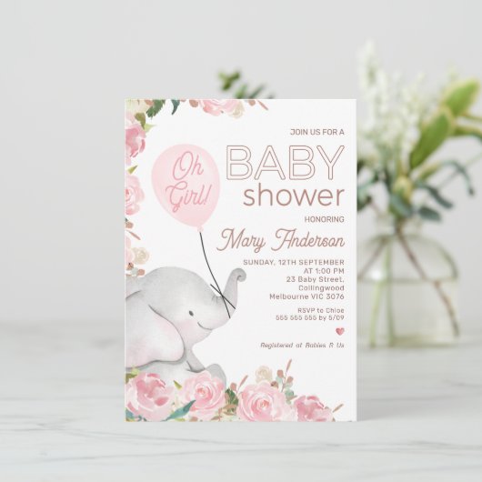 Boho roze bloemenolifant ballon Baby shower Kaart (Staand voorkant)